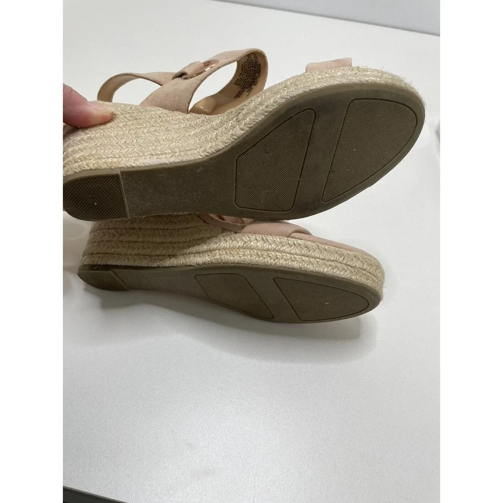 Open Toe Heal Sandals Shoes Beige Pink Espadrille Wedge Strap 7.5 Summer Wedding